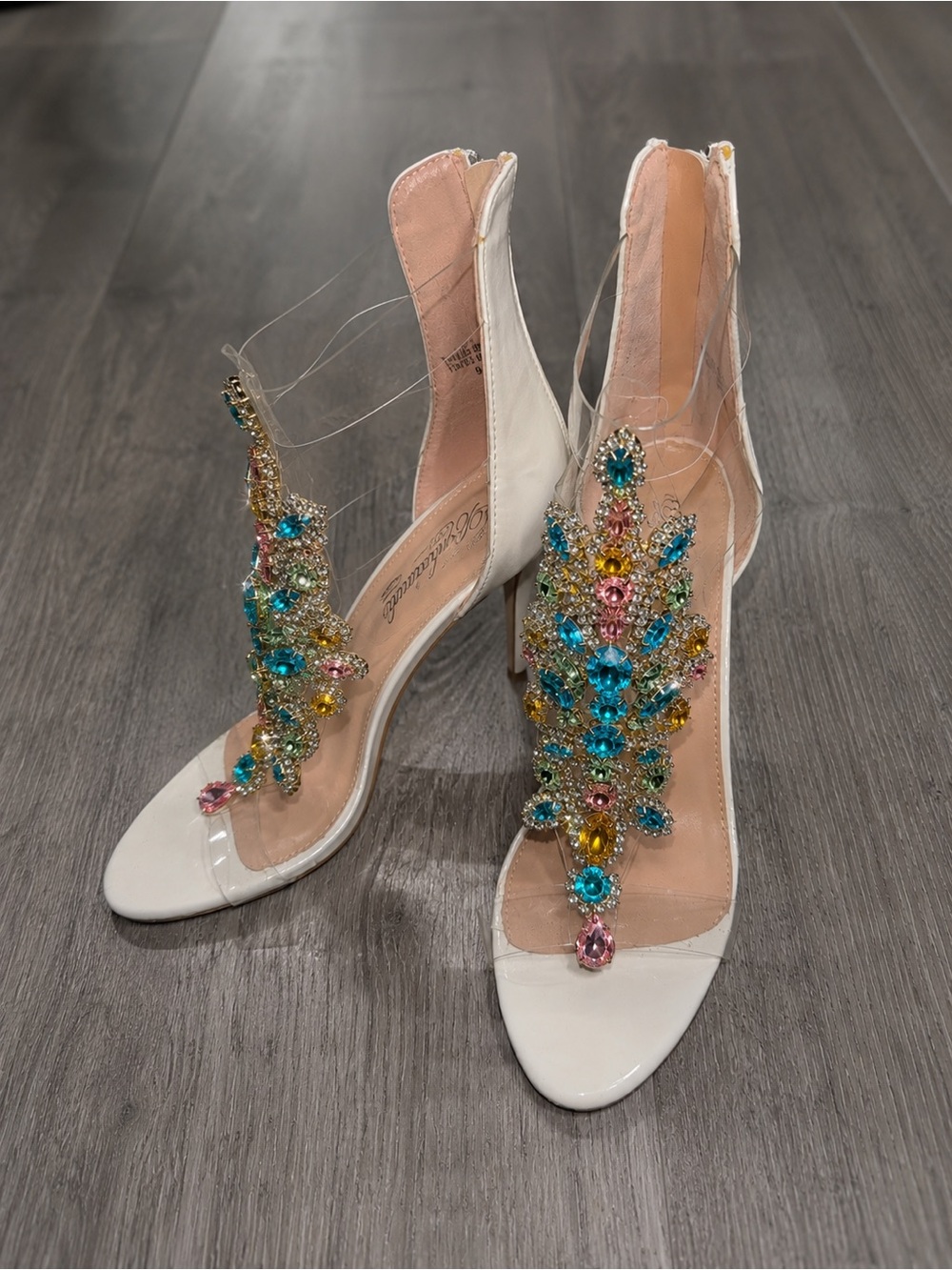 White High Heel Sandals with Multicolor Gem Accents